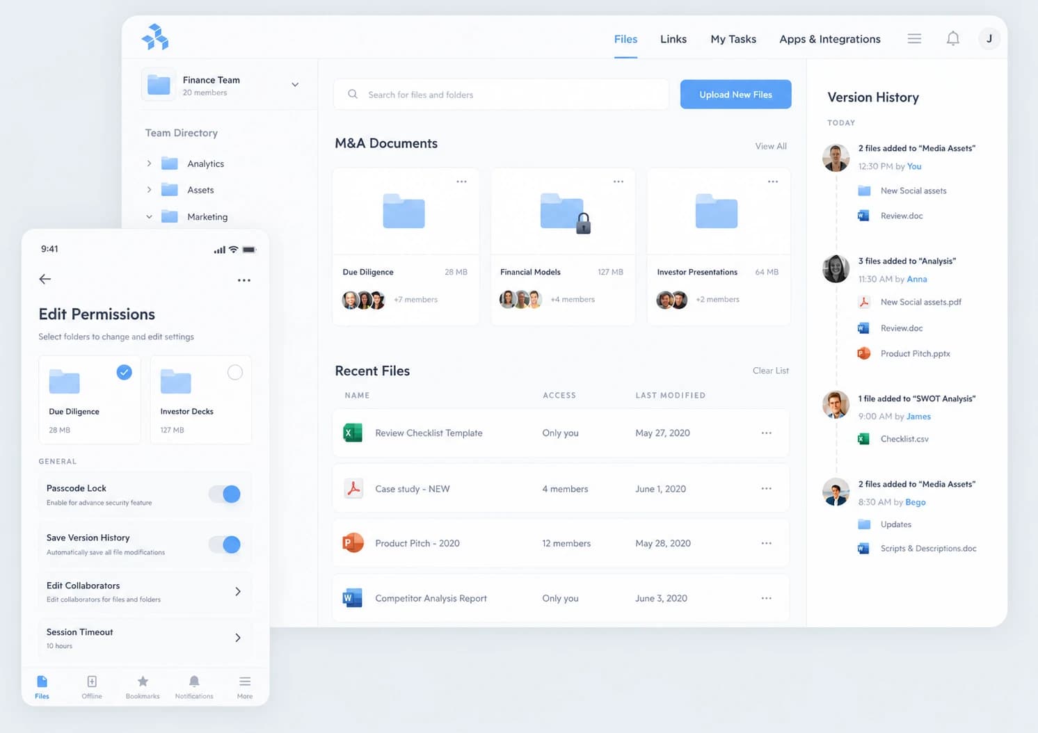 Oribolt dashboard showing organized folders, recent files, upload controls, and version history.