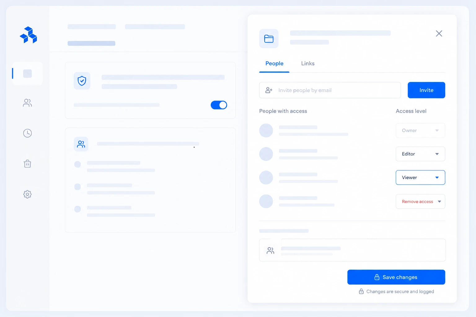 Oribolt access-management panel showing people with access, permission levels, invites, and save controls.