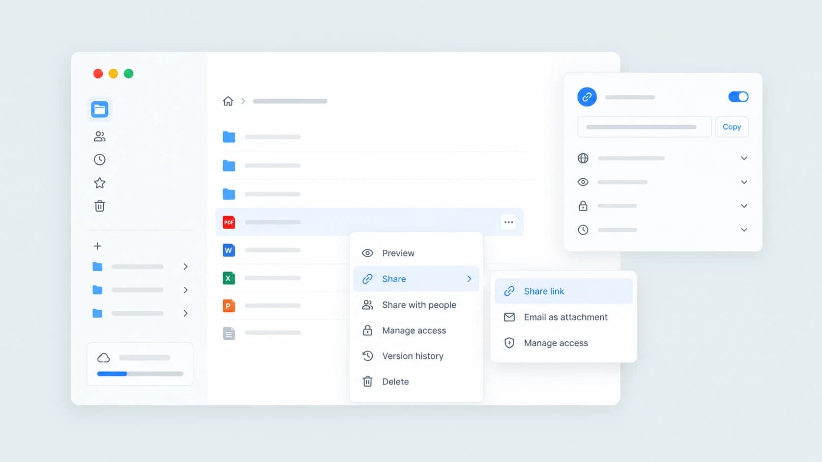 Oribolt file manager showing a selected file, share menu, secure link options, and access controls.